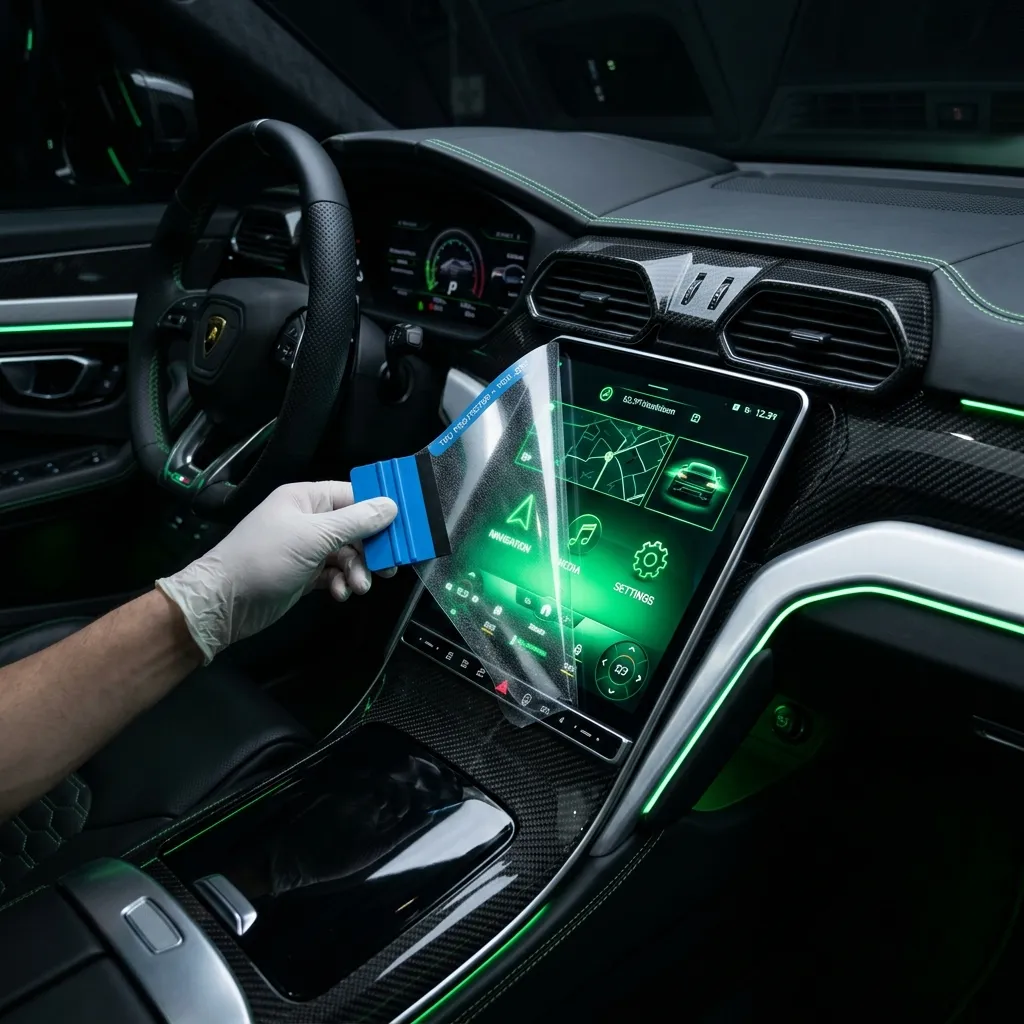 Sleek TPU screen protector being applied onto a modern luxury car center console touchscreen screen