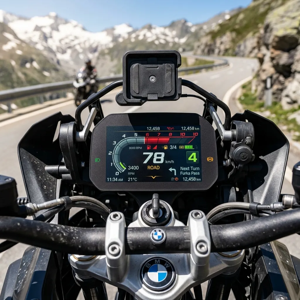Close up of a motorcycle TFT instrument cluster in outdoor sunlight with anti-glare screen protector applied