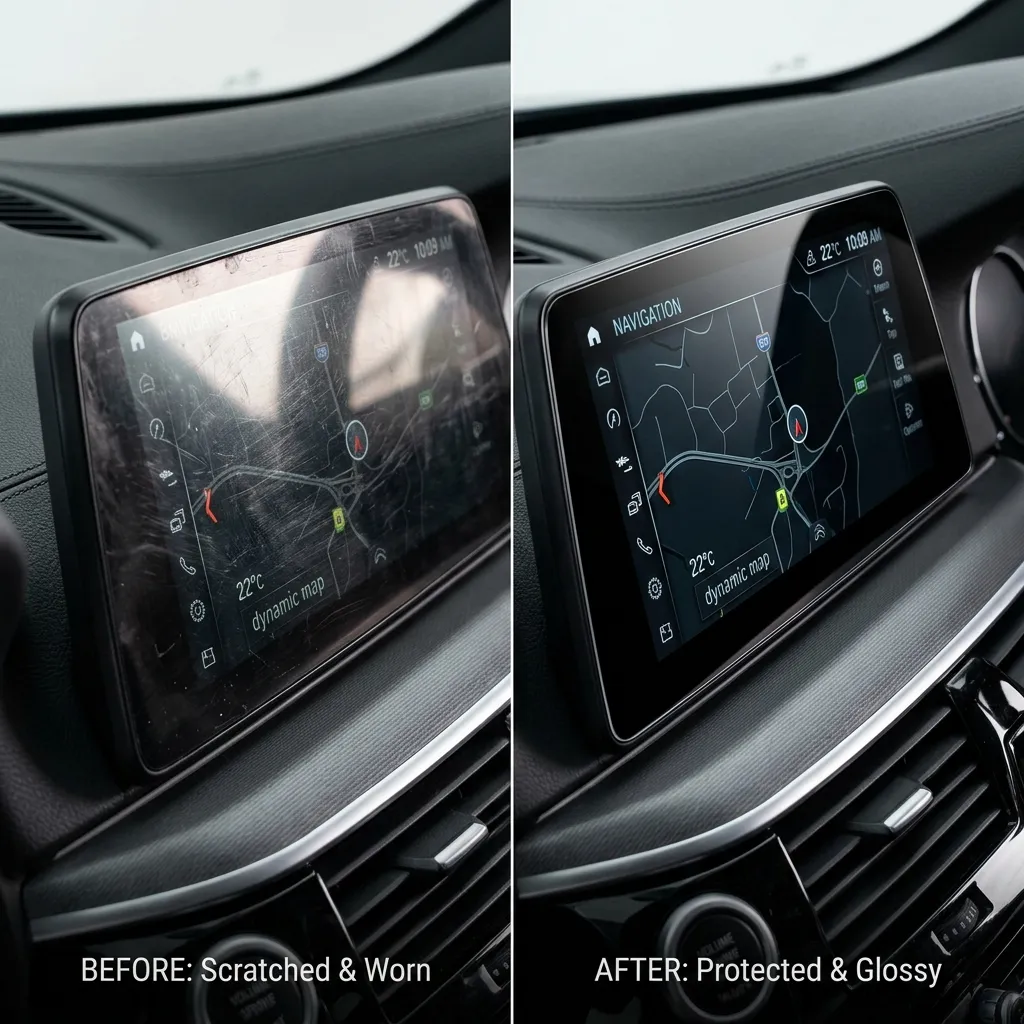 Car infotainment screen comparison: left side showing micro scratches and swirls from washing vs right side showing pristine protected glossy finish